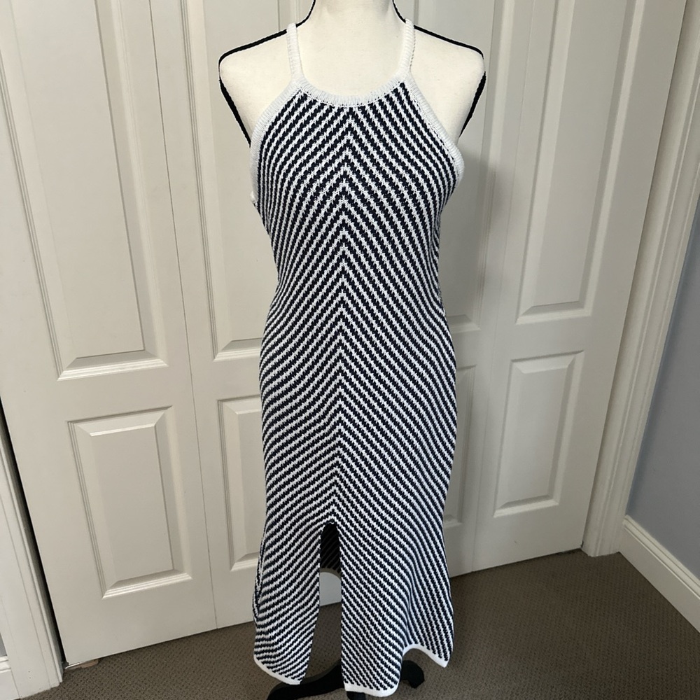 Sage the Label Blue and White Chevron Knit Halter Dress